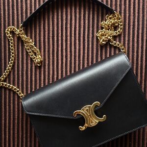 Celine Black Leather Triomphe Shoulder Bag with Gold Chain